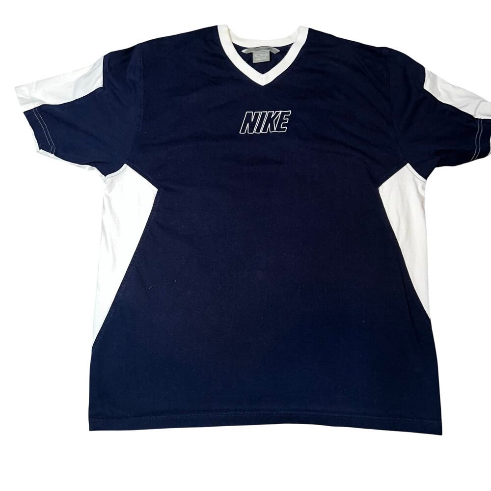 Vintage Nike V-Neck Center logo Y2K navy blue and white T-shirt men size XL